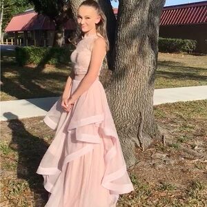 Pink Ruffled Tiered Halter Two Piece Gown for Prom